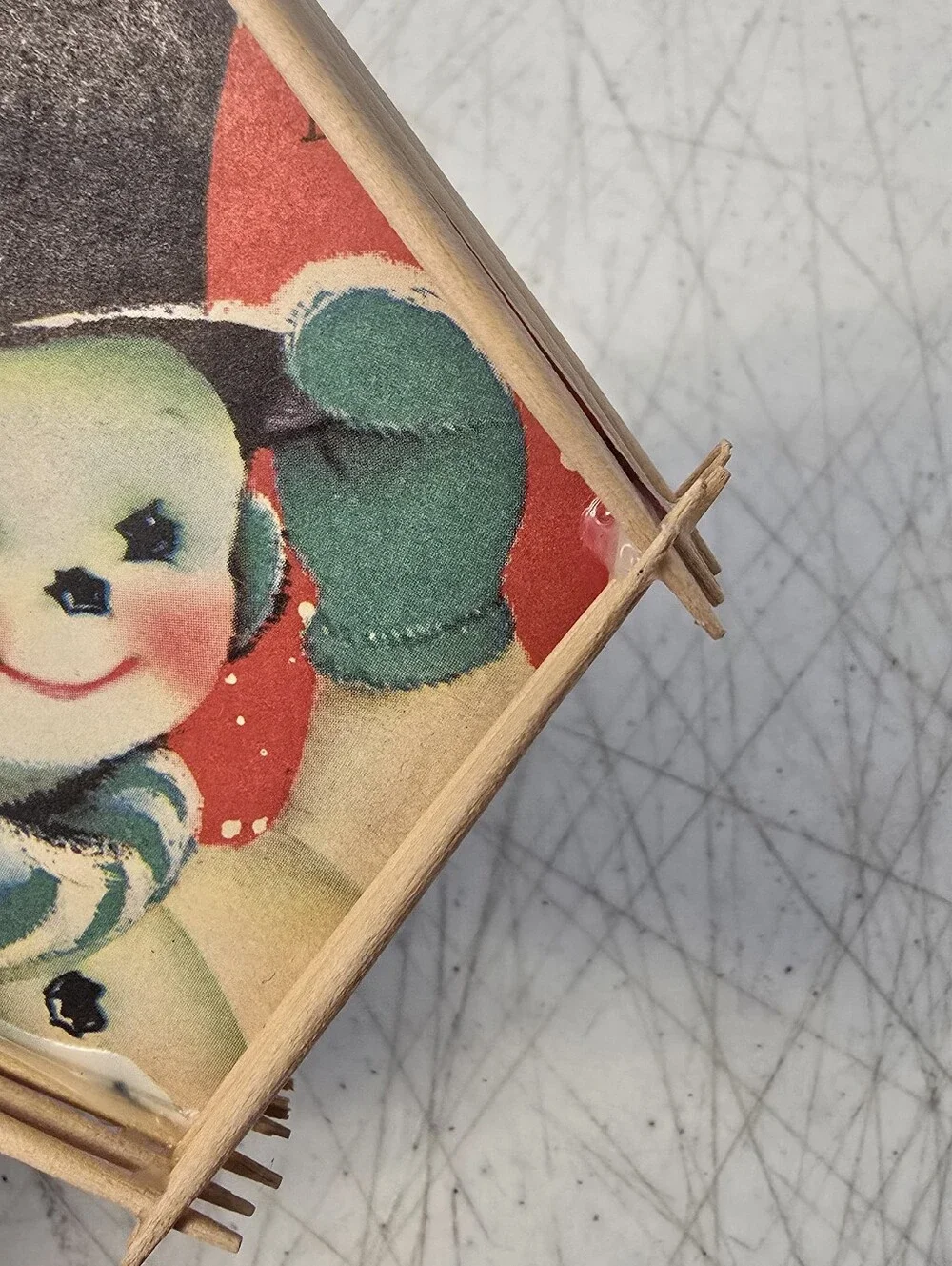 Vintage Handmade Christmas Ornament Snowman Snowwoman Toothpicks Old Cards